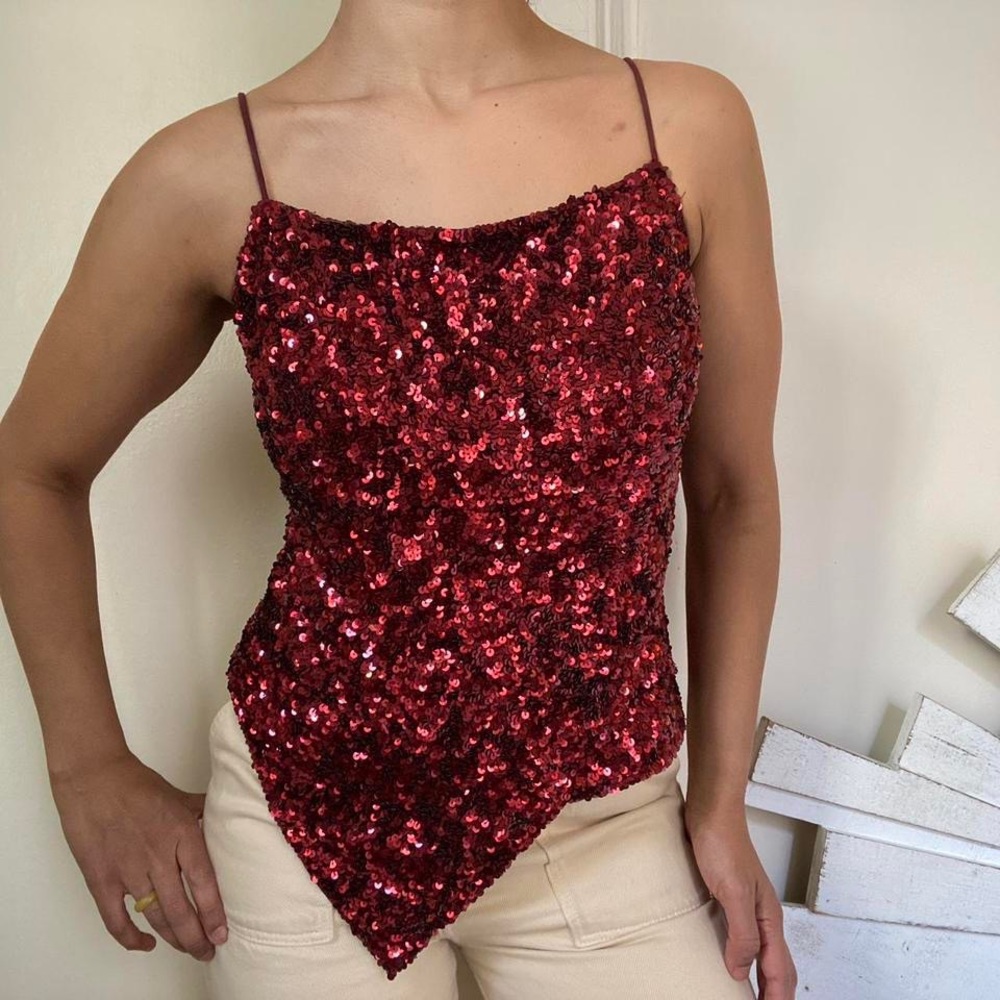 Vintage Pure Silk Red Sequin Top